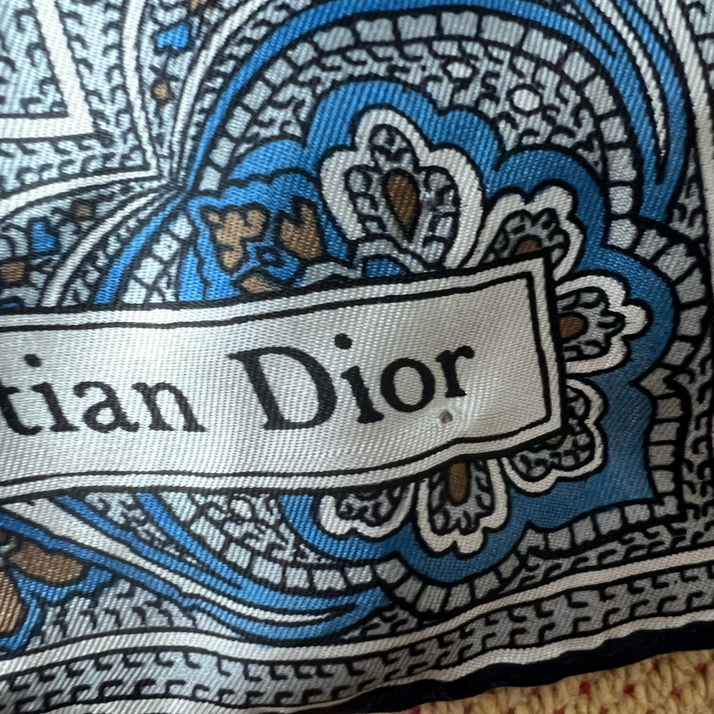 Christian Dior Navy Blue and Cream Patterned Silk Scarf - Picture 7 of 8